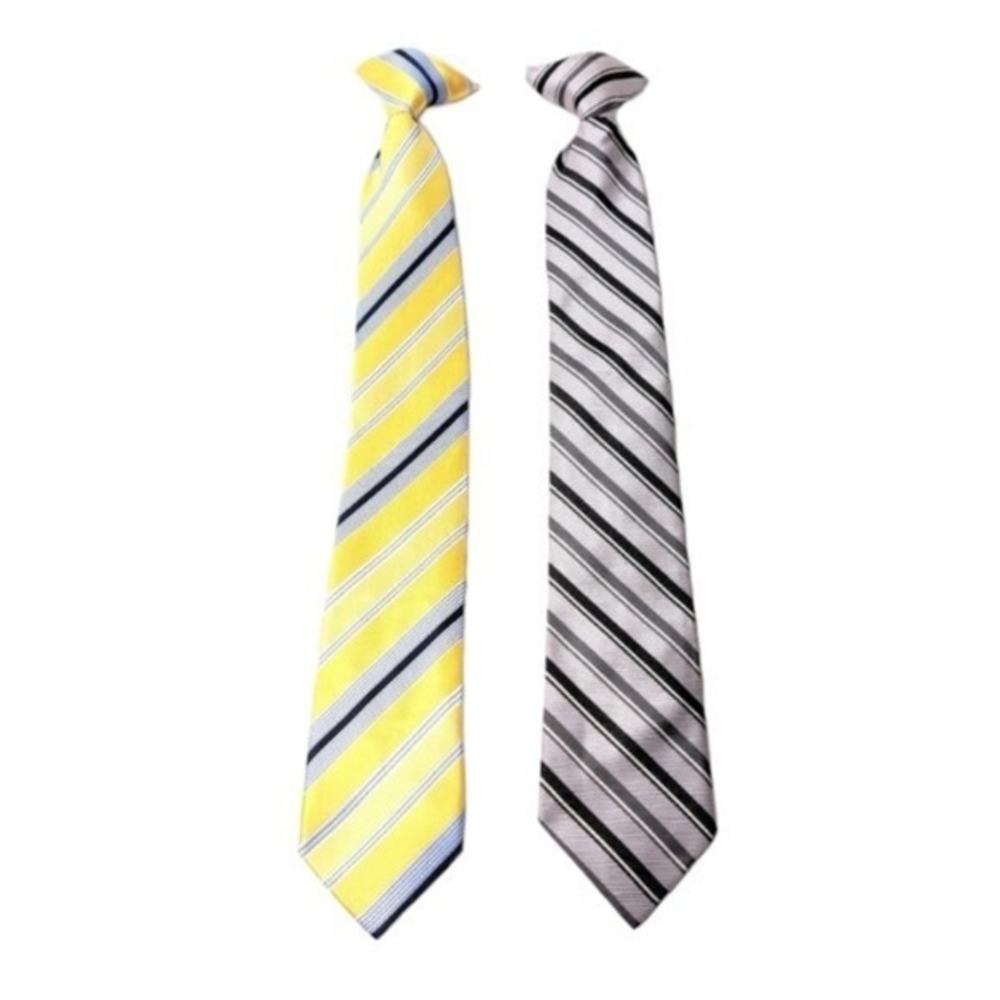 LOT OF 2 Boys Clip Tie Yellow Blue White and Silver Black Gray Stripes